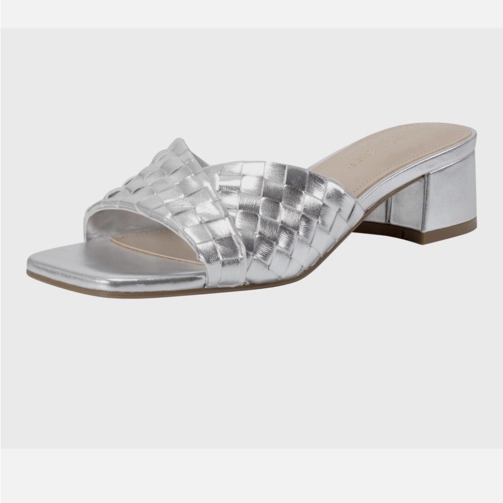 Brand New Marc Fisher Metallic Silver Woven Coven Heeled Sandal size 5.5 M